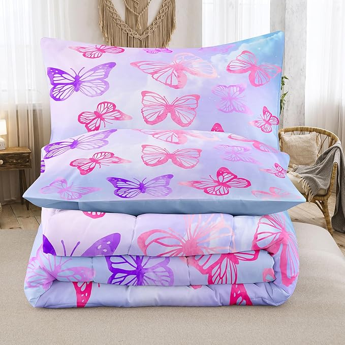 Tailor Shop Butterfly Comforter Sets Queen Size,Purple Butterfly Bedding Sets for Girls Kids Teens with 2 Pillowcase…