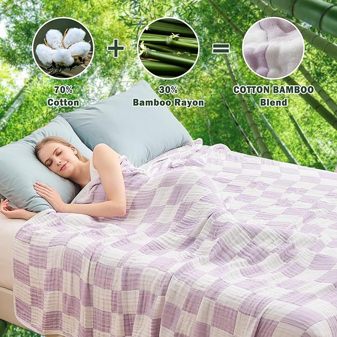 EMME Checkered Throw Blanket Cotton for Couch Soft Muslin Blankets 50"x60" Lightweight Breathable Cooling Soft All Season Gauze, Lavender