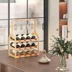 Bamboo Small Wine Rack Countertop, Freestanding Bottle Storage Holder | 12 Wine Bottles and 4 Glass Holder | Wooden Wine Storage Organizer Shelves for Kitchen Bar, Cellar, & Dining Room | Natural