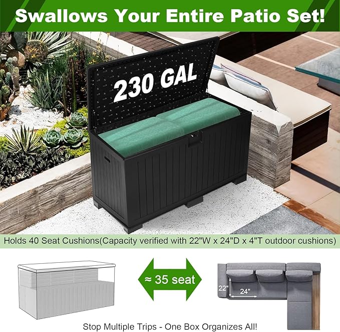 230 Gallon Outdoor Storage Box Waterproof, Extra Large Plastic Outside Deck Box Weatherproof, Resin Patio Storage Bin with Lock and Lids for Cushion, Black