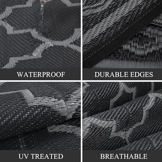 GAOMON Outdoor Plastic Straw Rug, 10'x14' Reversible Sage Green Patio Mat, Flower Modern Design for RV, Backyard, Deck, Camping, Picnic, Black/Grey(Geometric)