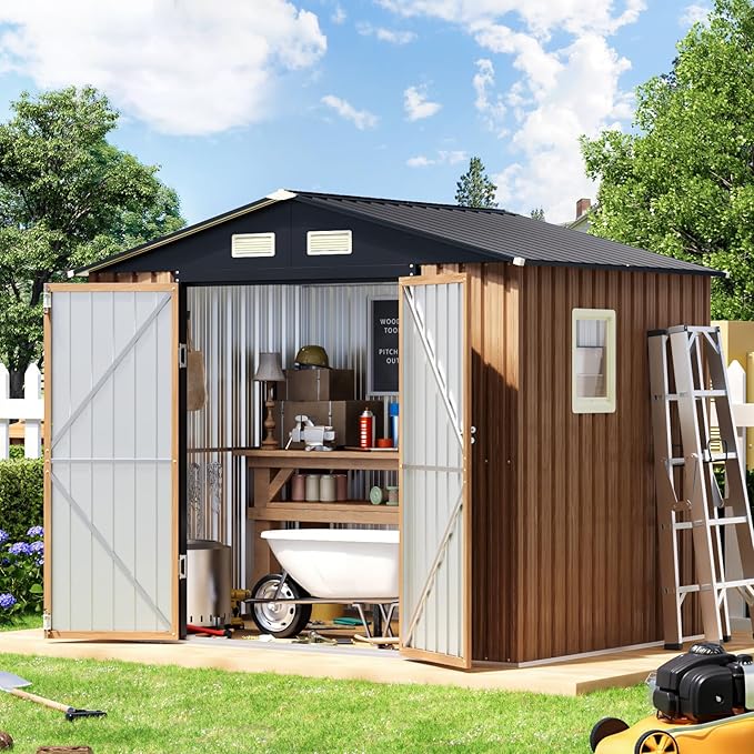 8X6 FT Garden Storage Shed with Lockable Door,Steel Tool Shed with 1 Clear Window, Anti-Corrosion Metal Shed for Backyard Patio Lawn (Wood Panels & Frame Floor Not Included)(Light Wood Grain)