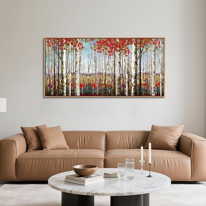 Large Framed Wall Art for Living Room Birch Tree Wall Decor Red Forest Painting Artwork Wall Decoration Nature Pictures Wall Art Fall Above Bed Wall Decor