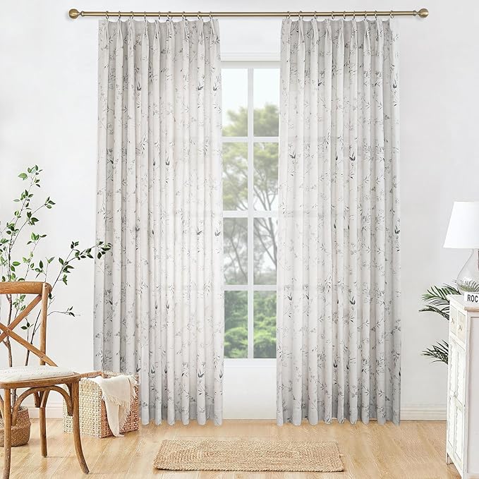 Pinch Pleated Floral Linen Curtains, 60 Inch Wide by 102 Inch Long Printed Curtains for Privacy Light Filtering, Suitable for Living Rooms and Sunrooms.2 Panels