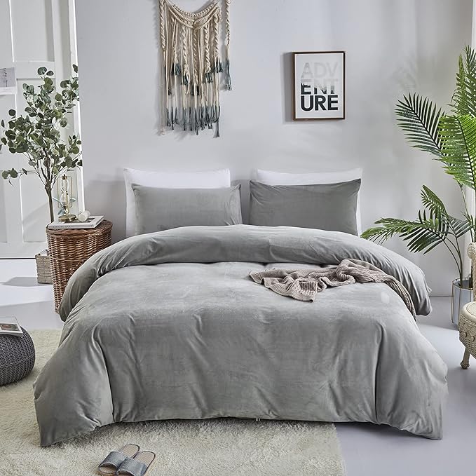 Wellboo Grey Velvet Comforter Sets Full Size Women Men Solid Gray Fluffy Bedding Comforters Modern Dark Grey Plush Aesthetic Quilts Plain Gray Shaggy Dorm Blankets Minimalist Flannel Thick Sherpa Bed