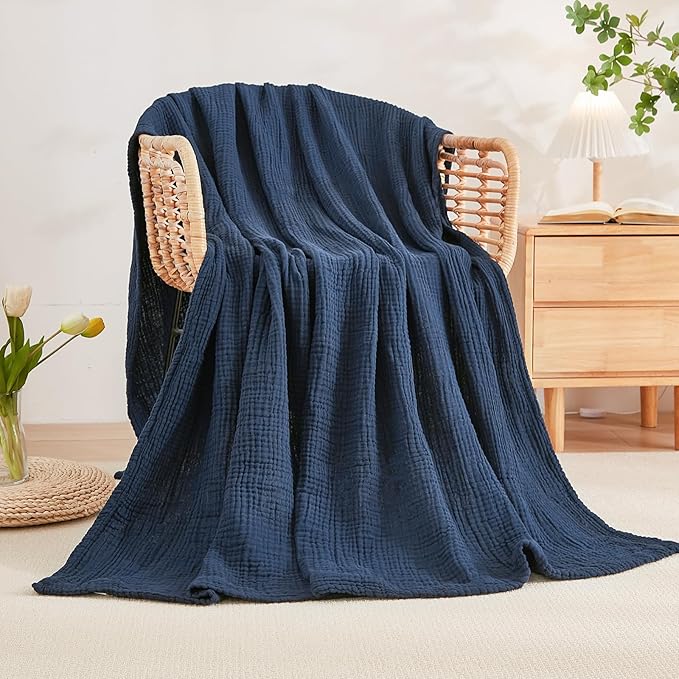 EMME Cotton Blanket Twin XL for Bed Soft Muslin Blankets 66"x90" Lightweight Breathable Layering Bedspread Coverlet All Season Gauze, Navy