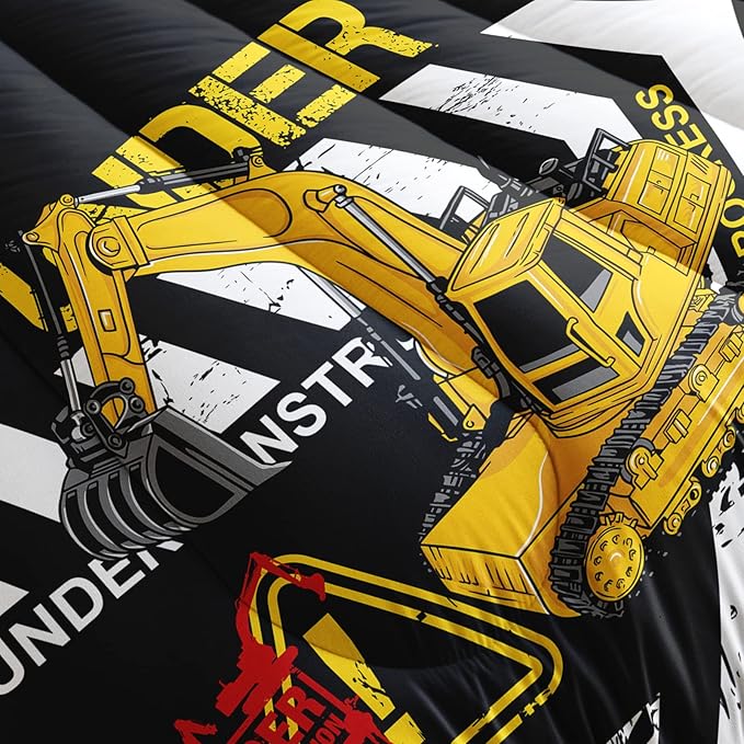 Excavator Comforter Twin Size,Construction Truck Comforter Set for Kids Teens Boys Girls,3Pcs Bedding Set Printed Comforter with 2 Pillowcases,Soft and Lightweight(Black，Twin Size)