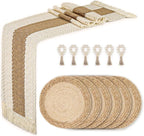 Placemats Set of 6,Natural Round Placemats with Table Runner & Napkin Rings | Made of Cotton Burlap and Corn Husk,Protective,Heat-Resistant,Non-Slip Boho Table Mats Fall Placemats for Dining Table Décor
