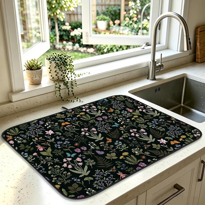 Forest Aesthetics Dish Drying Mat for Kitchen Counter Coffee Bar 18x24 in | Decorative Non Slip Absorbent Kitchen Dishes Drainer Mat, with Anti-slip Rubber Backing & Hanging Loop, for Sink, Home Gift