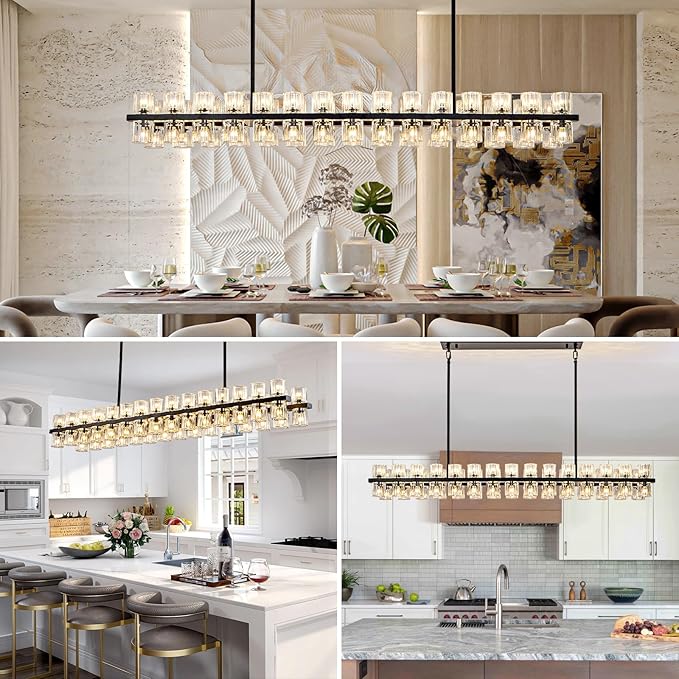 Crystal Black Rectangular Chandelier Light Fixture,54 in Dining Room Chandeliers Over Table,Modern Chandeliers For Living Room,Arcachon Chandelier,Kitchen Island Chandeliers Includes 60xG4 Bulbs