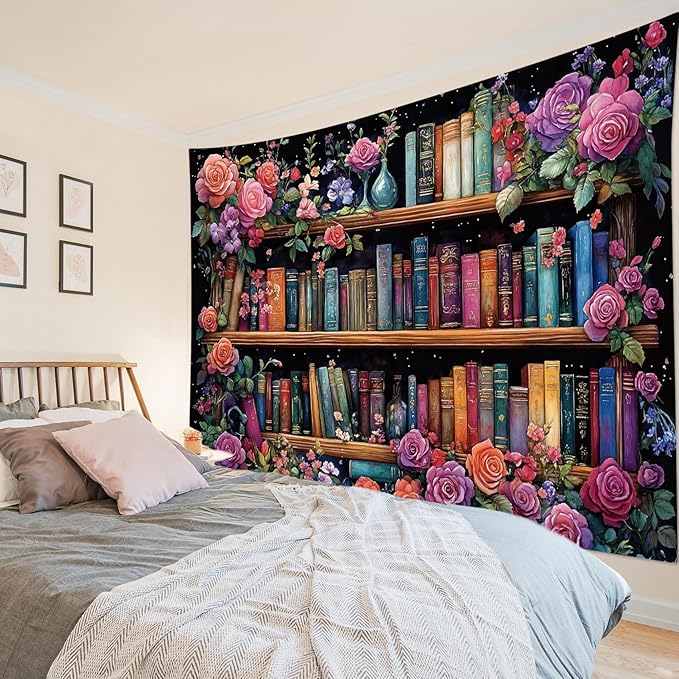HVEST Bookshelf Wall Tapestry Pink Floral Green Leaf Watercolor Plant Botanical Aesthetic Tapestry Wall Hanging Vintage Library Book Tapestries for Bedroom Living Room Dorm, 70.9L x 92.5W Inches