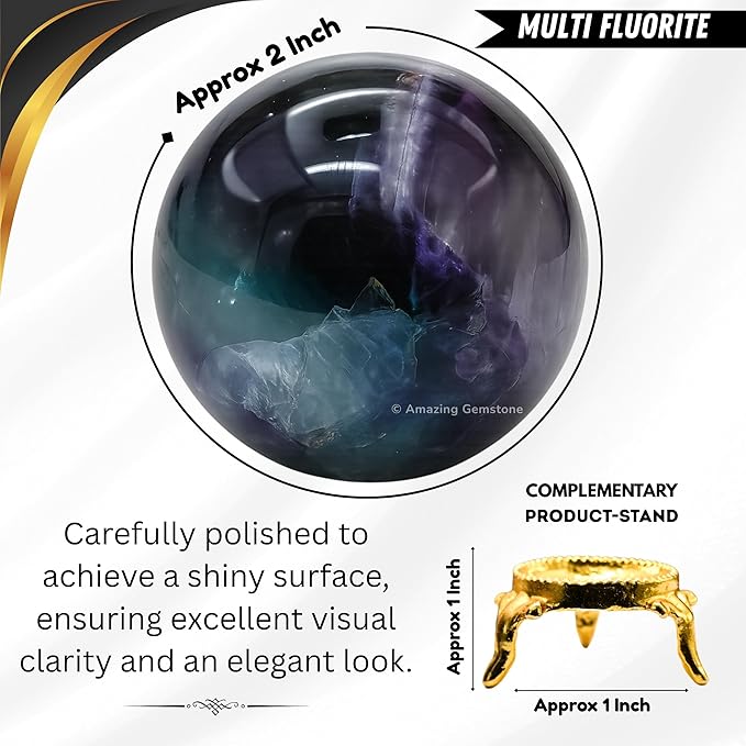 Amazing Gemstone Fluorite Crystal Ball with Stand - 2 Inches Crystal Sphere Meditation Balls for Witchcraft and Decorative Balls