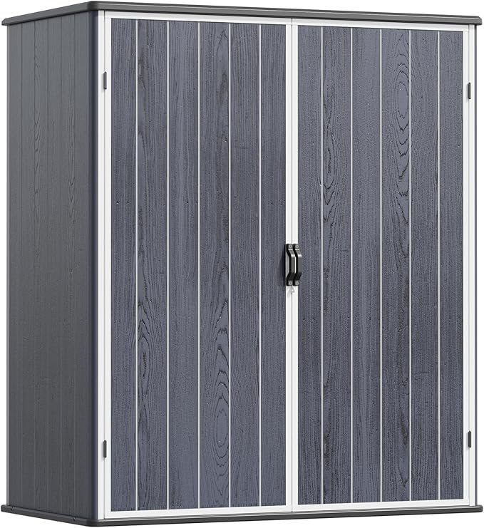 Devoko 5 x 3 Resin Outdoor Storage Shed with Floor - Waterproof Plastic Outdoor Tool Cabinet with Lockable Doors for Patio Furniture, Pool Accessories, Garden Tools (Deep Gray)