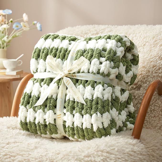 Amélie Home Chunky Knit Throw Blanket for Couch, Soft Chenille Crochet Blanket for Sofa, 50"x60", Sage Green & White Striped