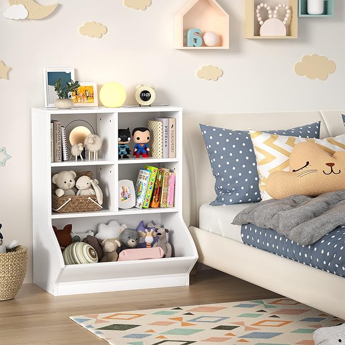 Aheaplus Toy Storage Organizer with Bookcase, 5 Cubby Bookshelf Toy Storage Cabinet, Open Multi-Bins Toys&Books Storage Display Organizer for Playroom, Bedroom, Nursery, School, White