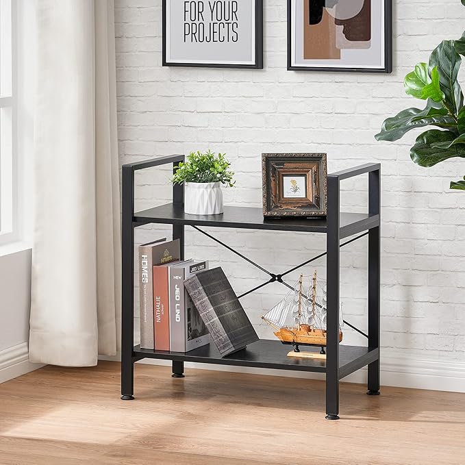 BEWISHOME 2 Tier Small Bookshelf, Black Industrial 2 Shelf Wooden Storage Bookcase with Metal Frame, Mini Shoe Rack with Short Shelves for Hallway, Bedroom, Living Room and Home Office JCJ52B