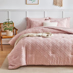 7 Pieces Tufted Bed in a Bag King Comforter Set with Sheets Blush, Soft and Embroidery Shabby Chic Boho Bohemian, Luxury Solid Color with Diamond Pattern, Jacquard Tufts Bedding Set for All Season