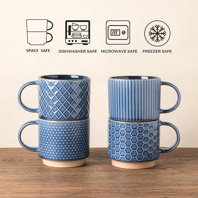 GBhome 6 OZ Stackable Coffee Mugs Set of 4, Ceramic Espresso Coffee Cups | Coffe Cups With Saucer and Stand, Dishwasher&Microwave Safe, 4 Assorted Designs