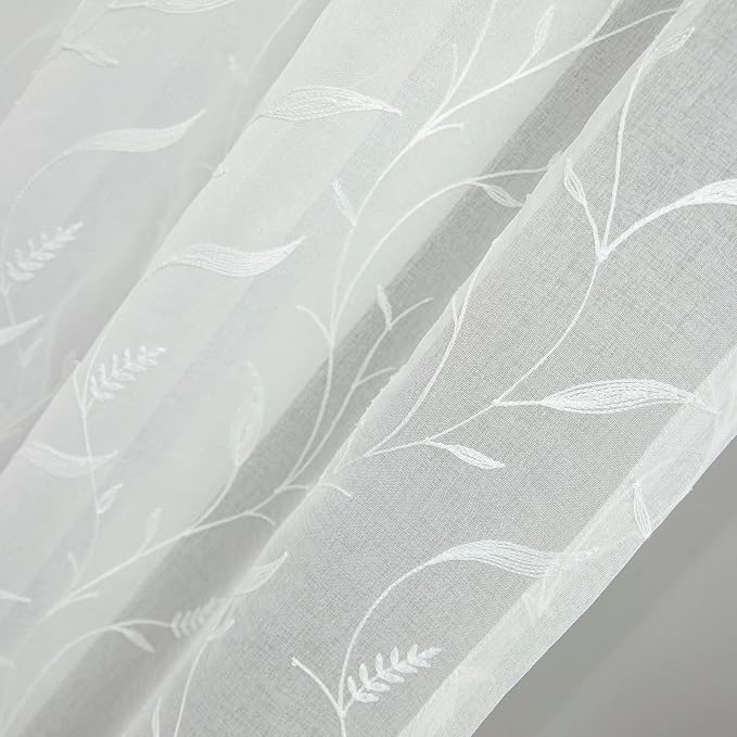White Rod Pocket Sheer Curtains 96 inches Length Embroidered Window Curtain Sheer Voile Panels for Living Room & Bedroom, 60x96, Two Panels