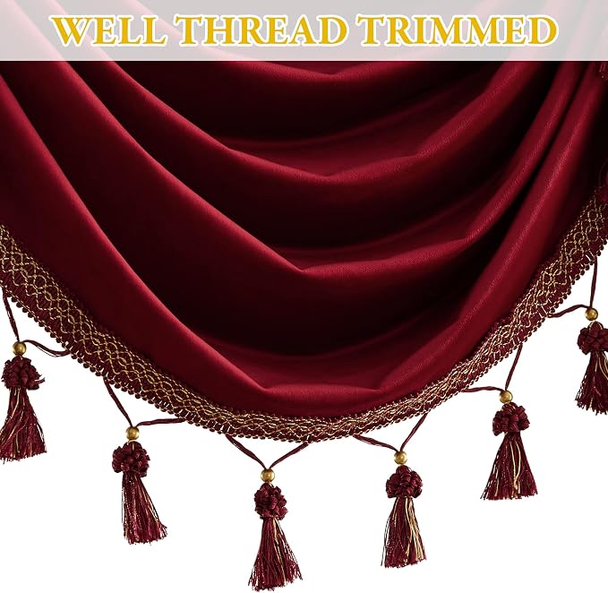 Christmas Red Valance Curtains 110 inches Width, 1 Panel | Heavy Thick Light Blocking Window Drapes, Rod Pocket Waterfall Tassel Swag for Theater, Living Room