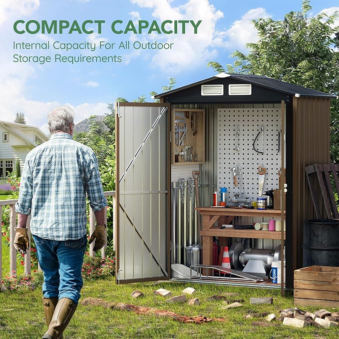 3X5FT Outdoor Steel Storage Shed with Lockable Doors, One Window,Ideal for Garden, Backyard, Patio Storage,Brown