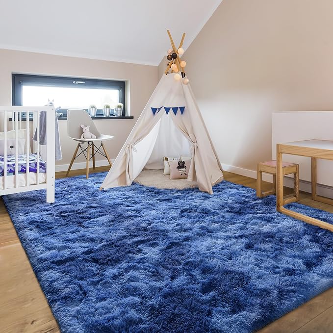 4x6 Large Area Rugs for Living Room, Super Soft Fluffy Modern Bedroom Rug, Tie-Dyed Navy Blue Indoor Shag Fuzzy Carpets for Girls Kids Nursery Room Home Decor