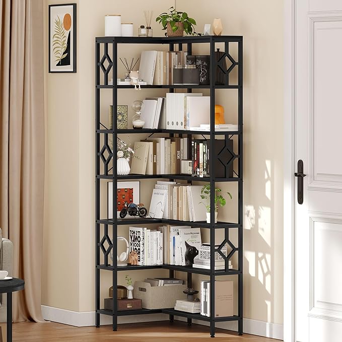 YITAHOME 7 Tier Corner Bookshelf Reversible Bookcase, Tall Bookshelf Display Rack Shelf with Metal Frame for Living Room, Bedroom, Home Office, Black