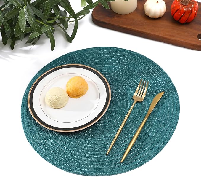 SHACOS Round Placemats Set of 4 Woven Braided Table Placemats 15 inch Circle Place Mats Washable Non Slip Table Mats for Home Wedding Party, Teal Green