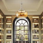 WUZUPS Nickel Chandelier Rustic Farmhouse Industrial Round Ceiling Pendant LED Light Fixture with Amber Glass Shade for Dining Room Kitchen Island Foyer Entryway, H 20.9" W 15.9", E26 Base