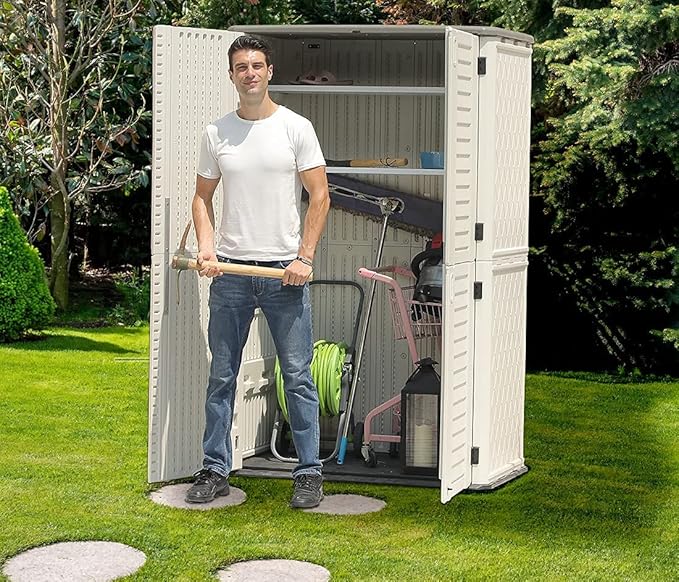 Kinying Outdoor Storage Cabinet, Vertical Storage Shed Perfect to Store Patio Furniture, Garden Tools Accessories,Bike,Beach Chairs and Lawn Mower, 4x2.5 Feet off-white-02B