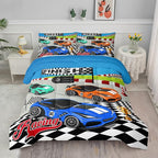 Axolotl Racing Car Bedding Set Twin,Cool Speed Race Car Down Comforter for Kids Boys Girls Teens,Racing Car Comforter Set Car Theme with Three Cars Arrive at Finish,1 Comforter and 2 Pillowcases
