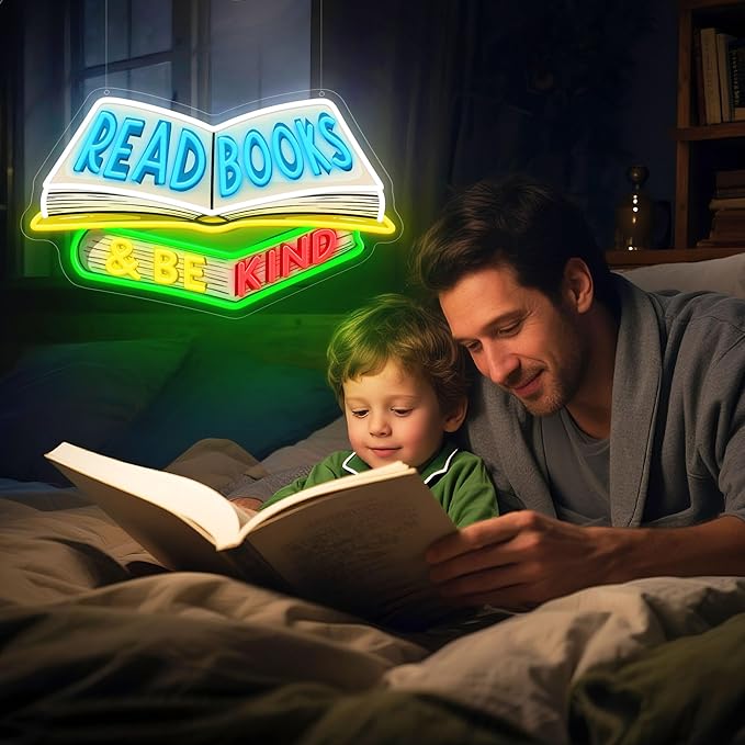 SELICOR Read Books & Be Kind Neon Signs for Wall Decor-Teacher Appreciation Gift,Adjustable LED Book Neon Light Up Sign for Reading Room Study Room Classroom Bookstore Library Museum Cafe Bedroom