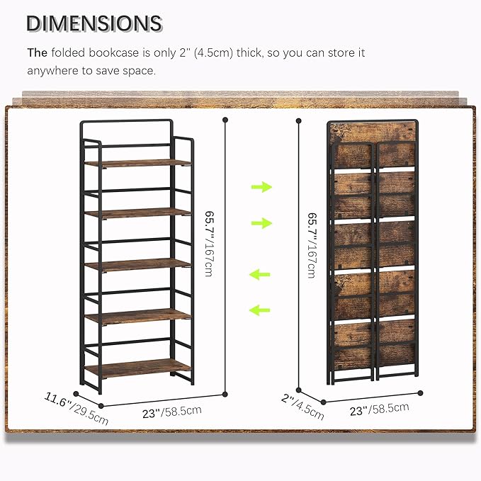 4NM No-Assembly 5 Tiers Folding Bookshelf Storage Shelves Vintage Bookcase Standing Racks Study Organizer Home Office (Rustic Brown, 5 Tiers)
