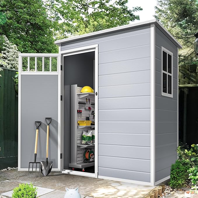 DWVO 5x3FT Outdoor Storage Shed with Fence-Style and Side Windows, Floor, Lockable Doors, Plastic Storage Shed for Backyard and Garden, Gray