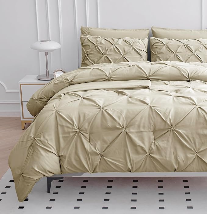 LANE LINEN Twin XL Comforter Set, 5 Piece Twin XL Bedding Set, Pintuck Twin XL Bed in a Bag, Twin XL Bed Set, Twin XL Bed Comforter Set with Sheets, Pillowcase & Sham, Bedding Comforter Sets - Linen