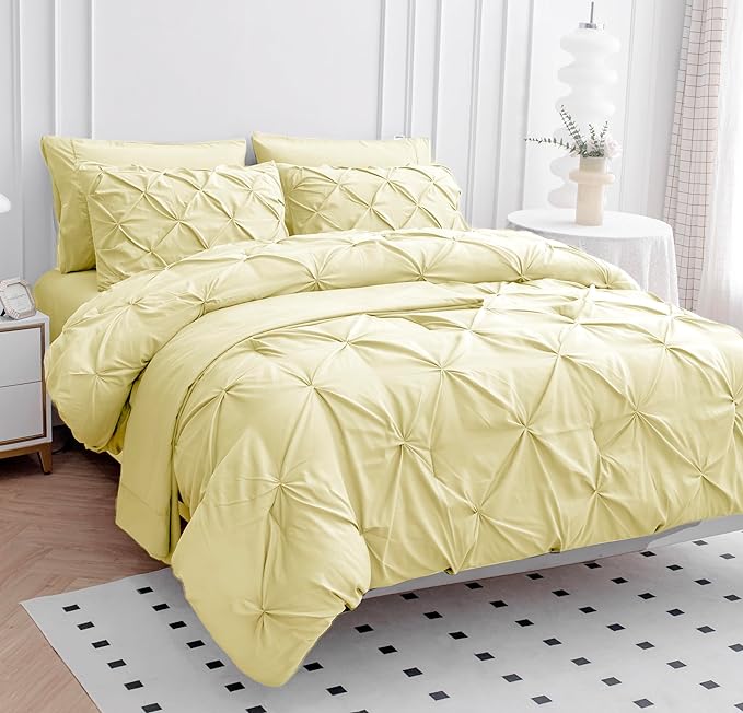 LANE LINEN King Comforter Set – 7 Piece Bed in a Bag – Pinch Pleated King Size Bedding Set with Comforter, Flat Sheet, Fitted Sheet, 2 Pillowcases & 2 Shams – Soft Pintuck Bed Set - Vanilla