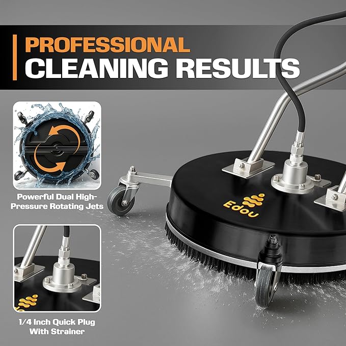EDOU 20-Inch Dual Handle Pressure Washer Surface Cleaner, Wheels - Heavy Duty Composite Surface Pressure Washer - 4000 PSI Max - Includes 3/8-Inch Quick Connector Kit, Teflon Tape, Adapter Set