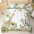 Elephant Giraffe Monkeys Comforter King Size,Wild Animals Kids Comforter Set,3Pcs Bedding Set Printed Comforter with 2 Pillowcases,Down Alternative,Soft and Lightweight,for All Seasons