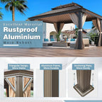 MELLCOM 12'x16' Hardtop Gazebo, Galvanized Steel Metal Double Roof Canopy with Curtains and Netting, Brown Permanent Pavilion Gazebos with Aluminum Frame for Patio, Lawn & Garden