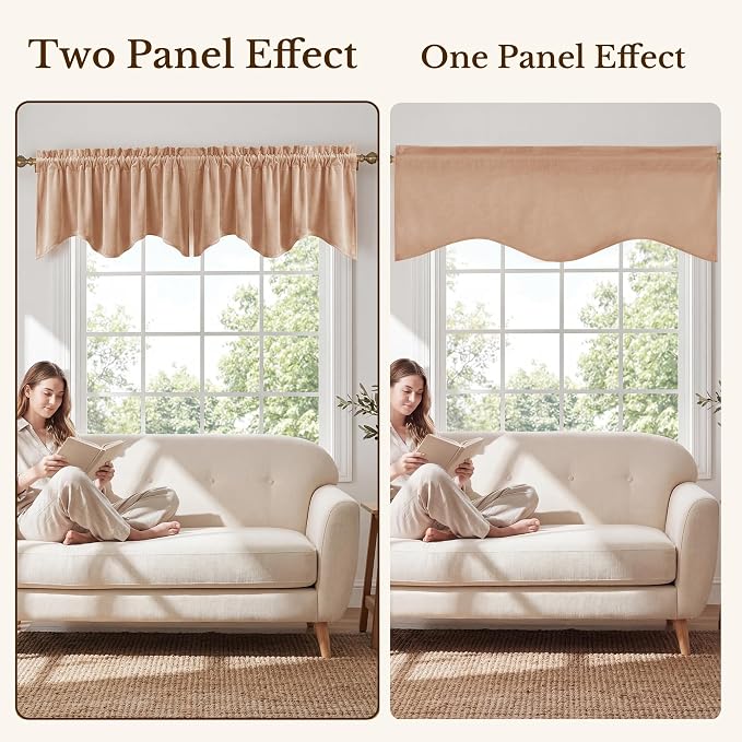 Blush Beige Velvet Window Valance 52x18 Inch 1 Panel | Soft Wavy Scalloped Window Treatment for Kitchen Small Windows, Elegant Half Window Drape for Bathroom, Cabinet