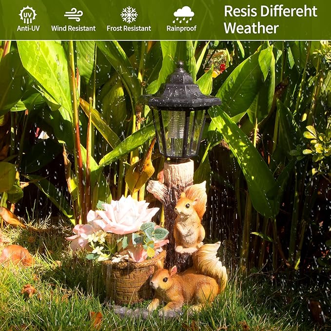 Solar Squirrels Outdoor Statues, Garden Sculptures with Flowerpot Decor & Solar Lantern for Yard Art Lawn Ornaments Porch Patio Balcony - Birthday Gifts for Women Mom