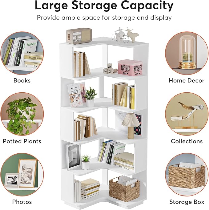 Corner Bookshelf, 64.9 Inch Tall Bookcase with Anti-Drop Panel, Modern Freestanding Corner Shelf Display Rack Storage Organizer for Home Office, Living Room, White