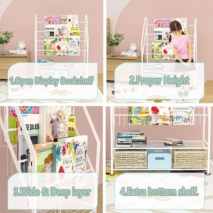 Kids Bookshelf Freestanding for Children Room 32 Inches White Metal Bookcase Large Capacity Books Toys Organizer Stable 5 Tiers Kids Book Rack for Playroom Bookstore Library.