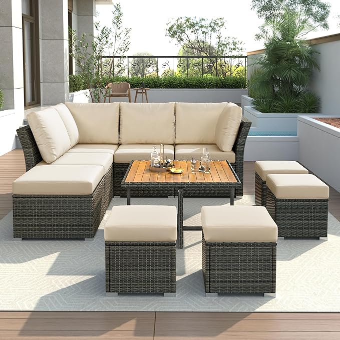 9 Piece Patio Furniture Set with Solid Wood Coffee Table and Ottomans, Rattan Modular Outdoor Sectional Conversation Sofa, for Garden Backyard, Onesize, Beige