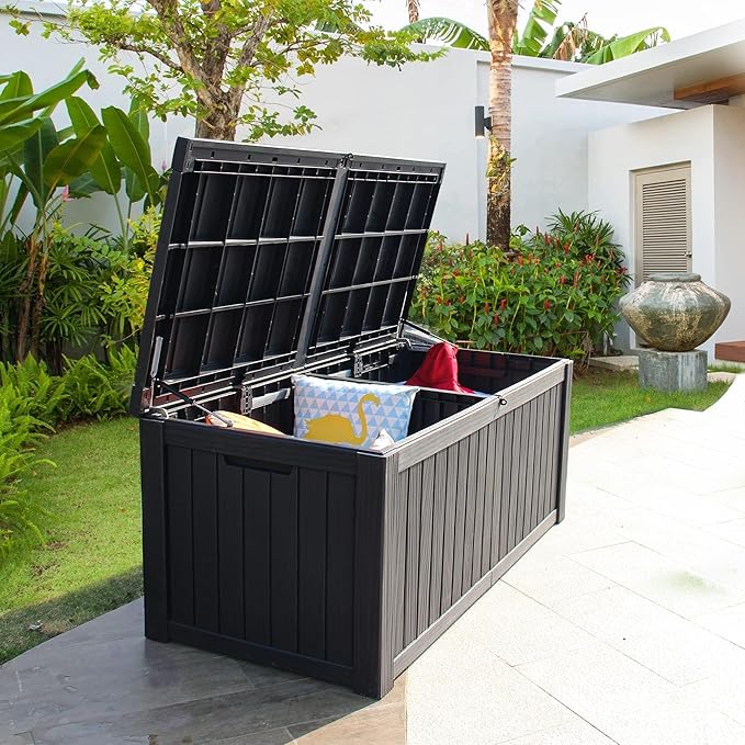 YITAHOME 150 Gallon Large Outdoor Storage XL Deck Box w/Divider for Patio Furniture,Outdoor Cushions, Garden Tools, Sports Equipment and Pool Supplies, Waterproof, Resin, Lockable, Black