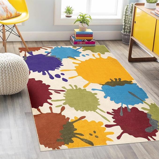 Art Bedroom Rug, 4'x6' Machine Washable Kids Rug for Playroom, Paint Splash Rainbow Area Rug for Classroom, Soft Colorful Living Room Rug Throw Play Mat for Nursery Office Preschool
