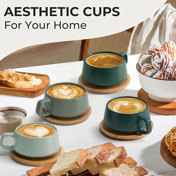 MIAMIO - Cappuccino Cup Set of 4, Ceramic, Wide (9.5oz) - Luxe (Evergreen) | Ceramic cappuccino cups and saucers, wide latte cups and mugs for Americano, 4-piece set of ceramic cups, dishwasher safe
