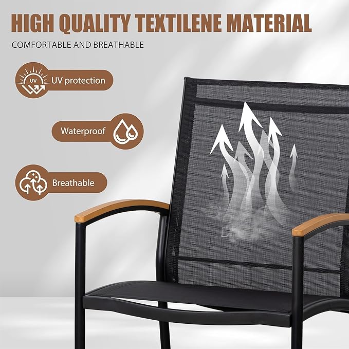 Shintenchi 3 Piece Outdoor Rocking Bistro Set, Textilene Fabric Small Patio Furniture Set, Front Porch Rocker Chairs Conversation Set with Table for Lawn, Garden, Balcony, Poolside (Black)