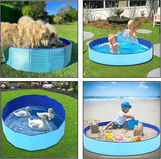 Upgraded Large Duck Pool with Drain Plug, 39 x 12 Inch Extra Tough PVC Ducks Swimming Pool for Pet, Dogs, Cats, Blue Hard Plastic Portable Foldable Pond for Indoor Outdoor Use
