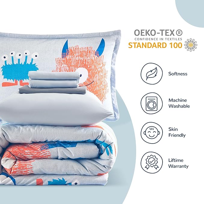 SLEEP ZONE Kids Bedding Comforter Set Full/Queen Size - Super Cute & Soft Kids Bedding 7 Pieces Set with Comforter, Sheet, Pillowcase & Sham (Monster)